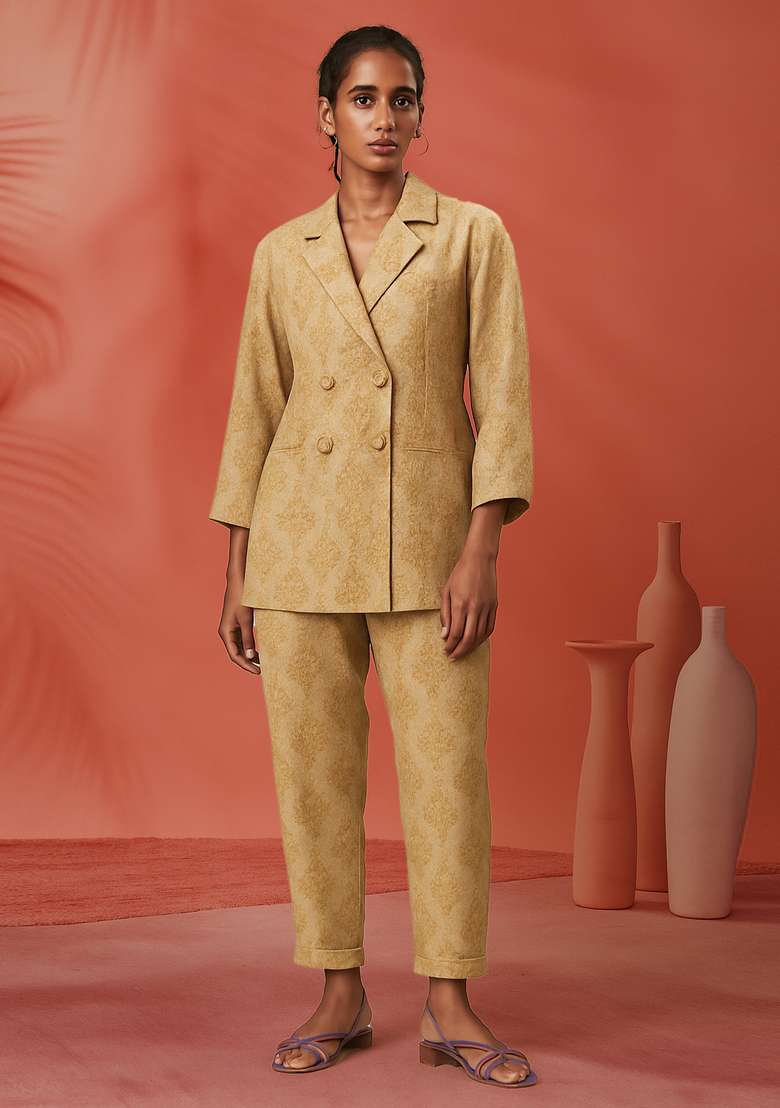 Off White Chikankari Linen Blazer Co-Ord Set - Indya