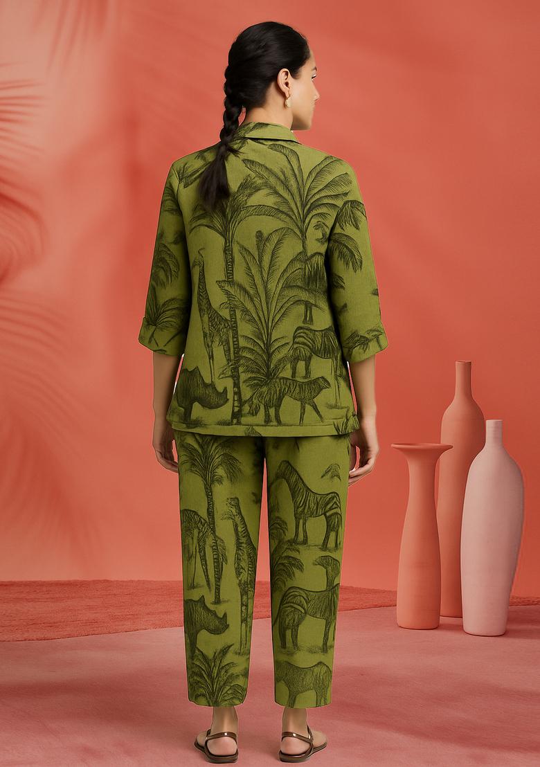 Green Printed Linen Blazer Co-Ord Set - Indya