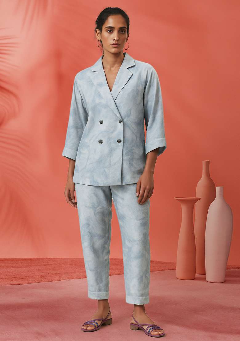 Blue And White Printed Linen Blazer Co-Ord Set - Indya