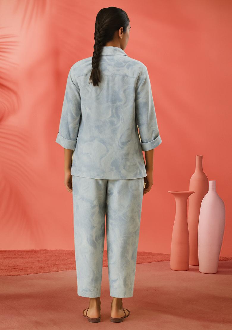 Blue And White Printed Linen Blazer Co-Ord Set - Indya