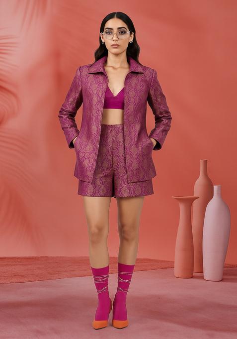 Purple Embroidered Brocade Shirt And Short Set