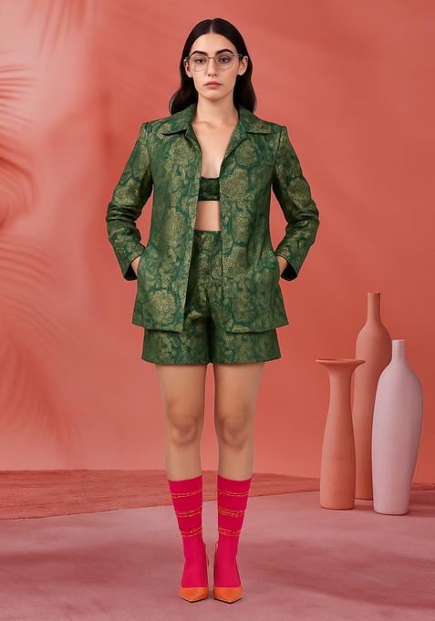 Green Embroidered Brocade Shirt And Short Set