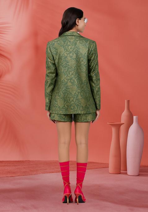 Green Embroidered Brocade Shirt And Short Set