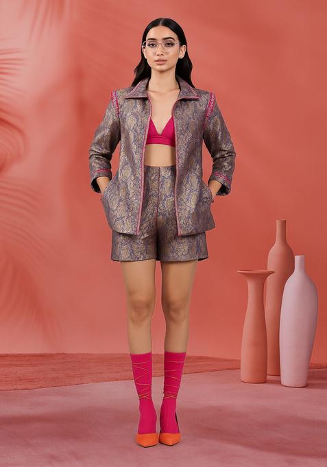 Royal Blue Embroidered Brocade Shirt And Short Set