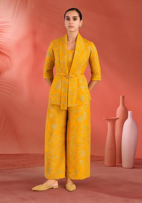 Yellow Embroidered Brocade Blazer Co-Ord Set