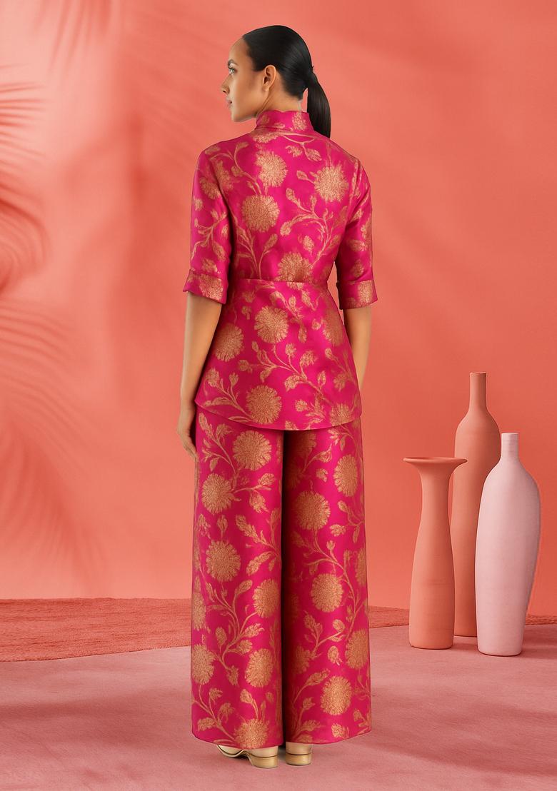 Pink Embroidered Brocade Blazer Co-Ord Set - Indya