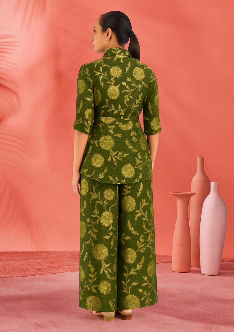Green Embroidered Brocade Blazer Co-Ord Set - Indya