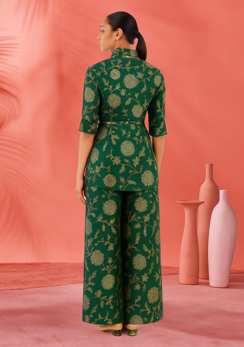 Green Embroidered Brocade Blazer Co-Ord Set - Indya
