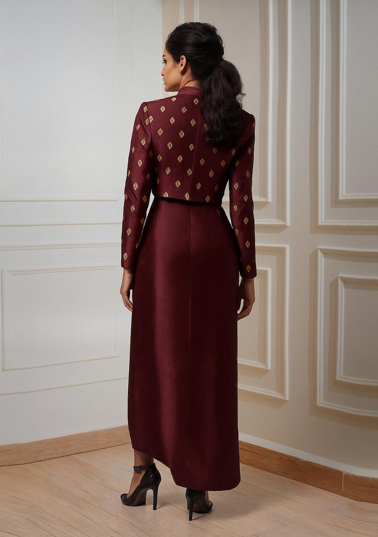 Burgundy Brocade Skirt Set - Indya