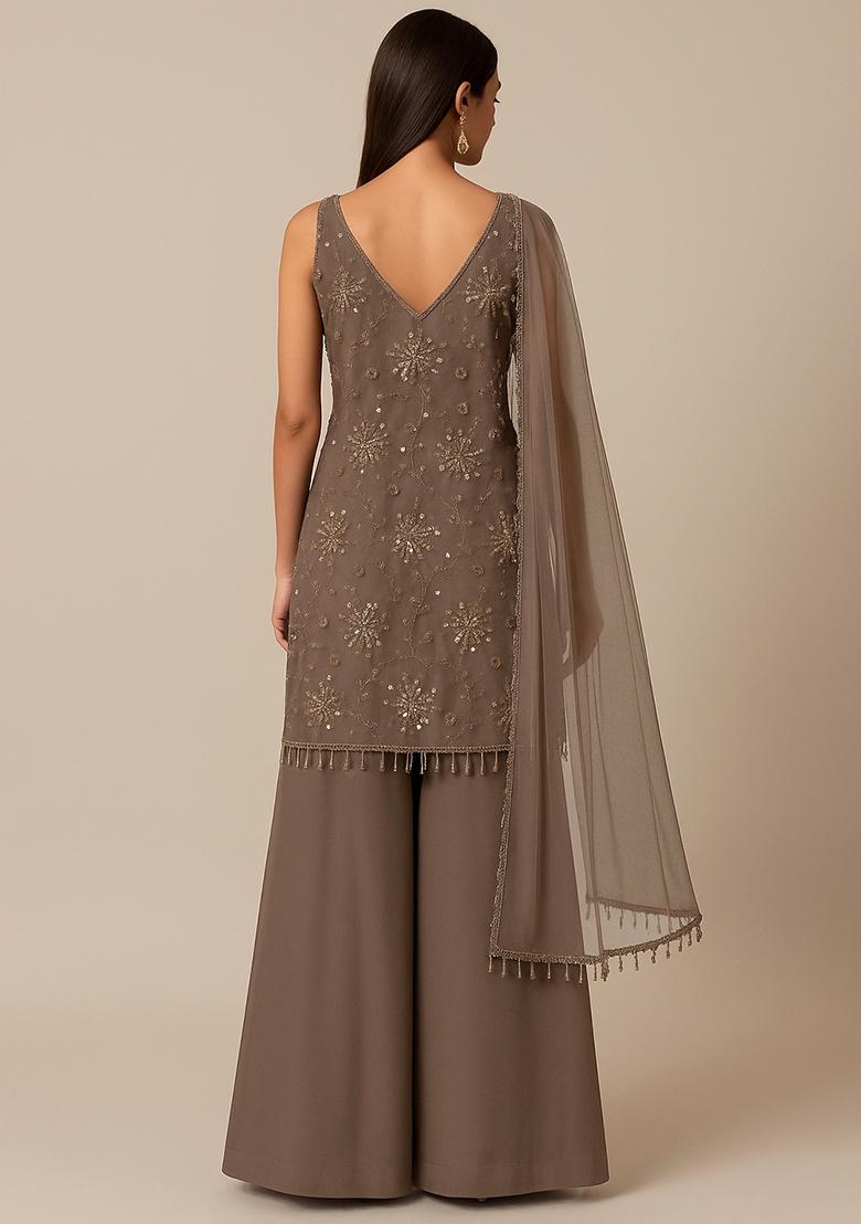 Brown Embroidered Georgette Sharara Set - Indya