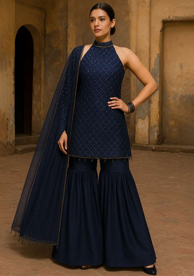 Navy Blue Embroidered Sequins Viscose Sharara Set - Indya