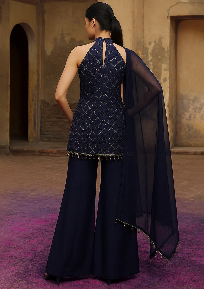 Navy Blue Embroidered Sequins Viscose Sharara Set - Indya