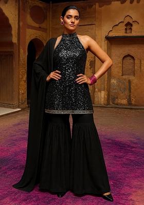 Grey Embellished Net Sharara Set