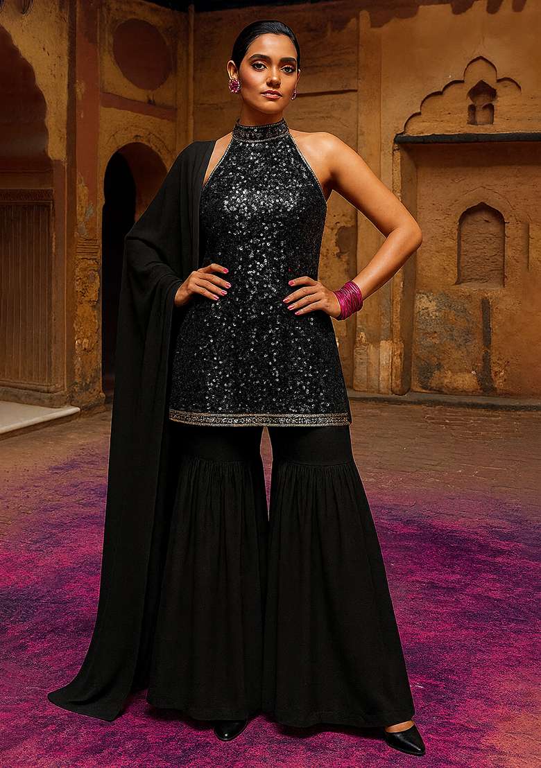 Grey Embellished Net Sharara Set - Indya