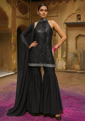Chiku Brown Embellished Net Sharara Set