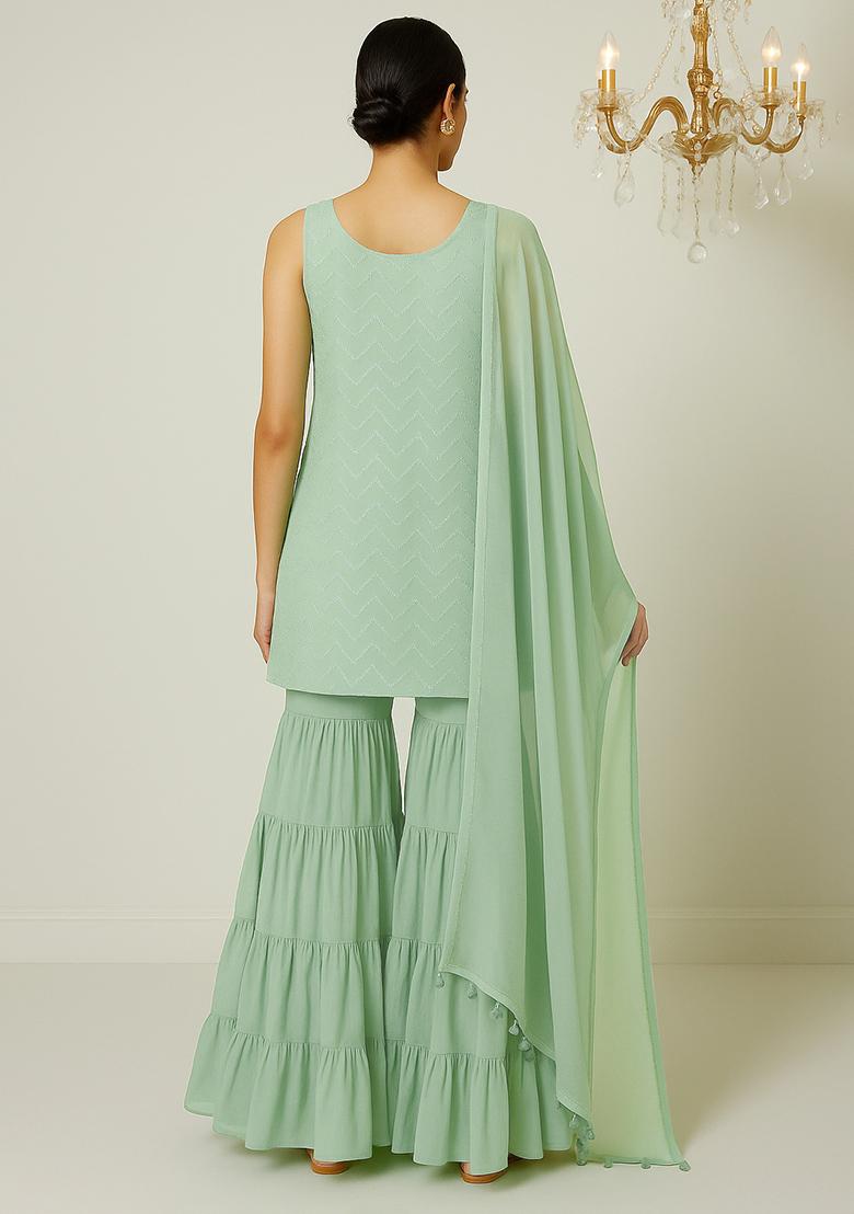 Olive Embroidered Net Sharara Set - Indya