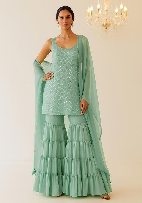 Olive Embroidered Net Sharara Set