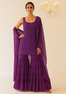 Purple Embroidered Net Sharara Set
