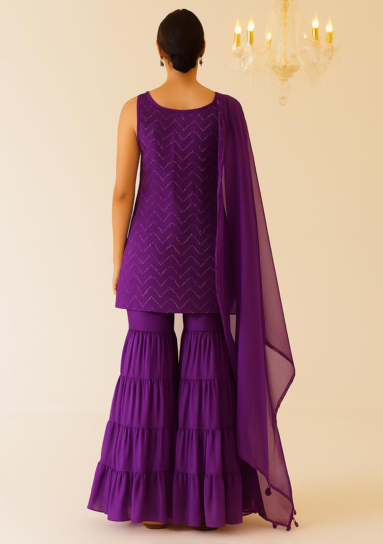 Purple Embroidered Net Sharara Set - Indya