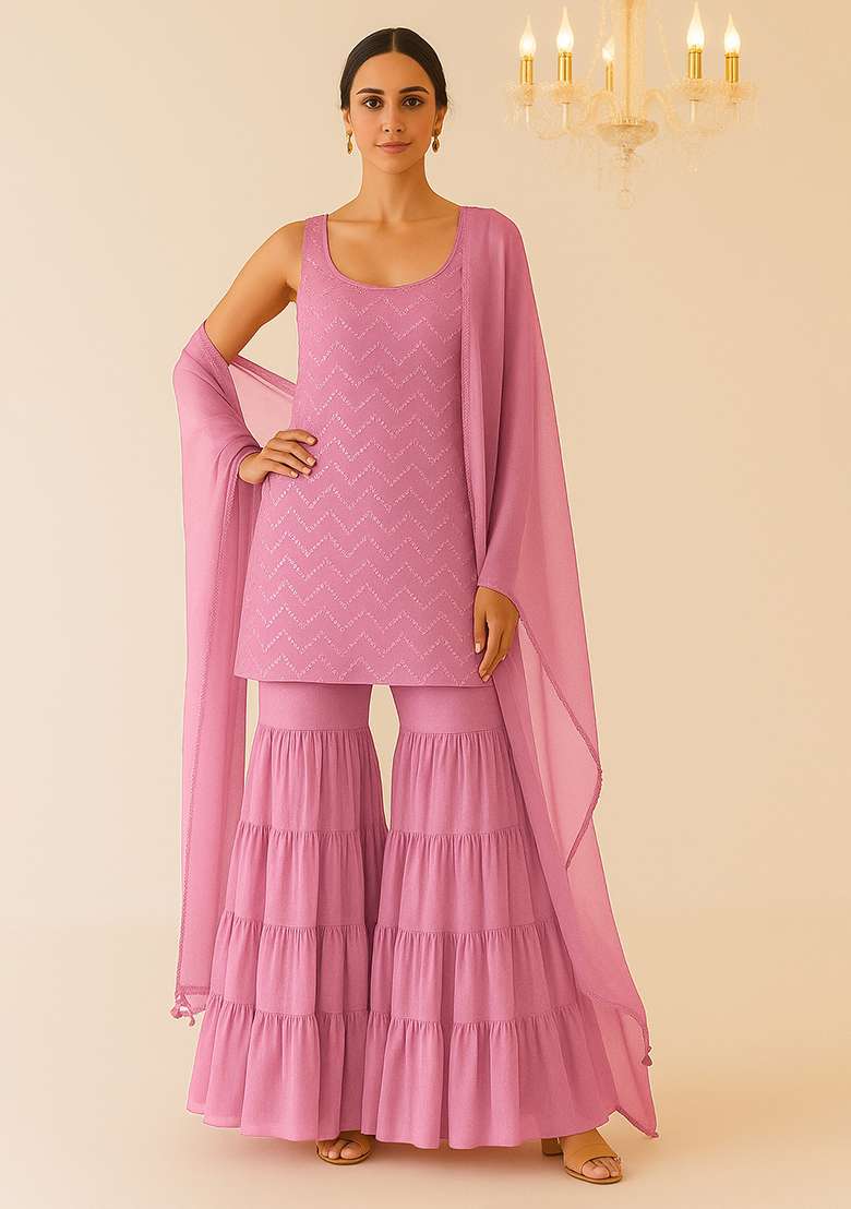 Pink Embroidered Net Sharara Set - Indya