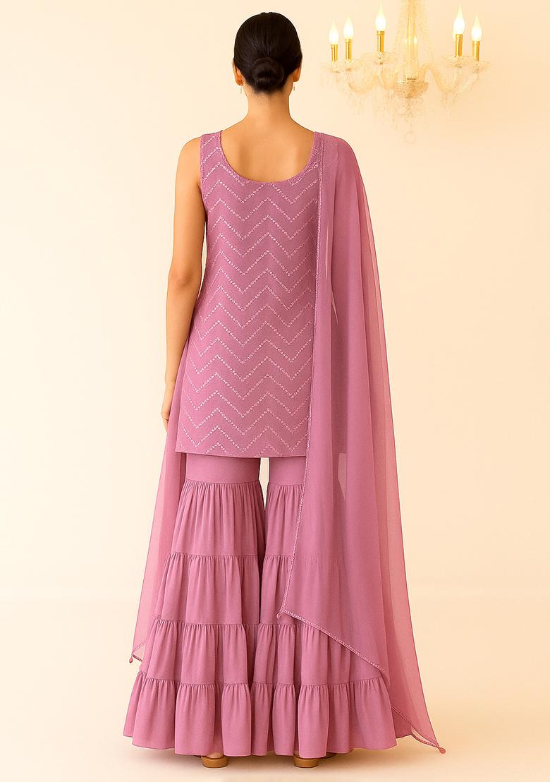 Pink Embroidered Net Sharara Set - Indya