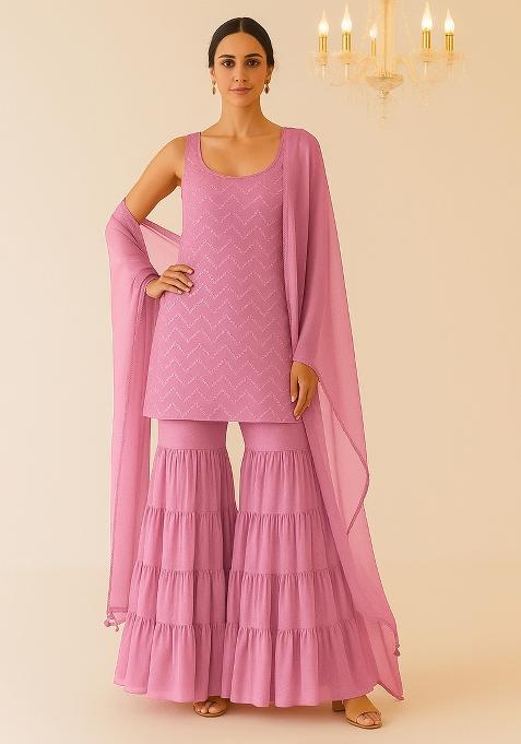 Pink Embroidered Net Sharara Set