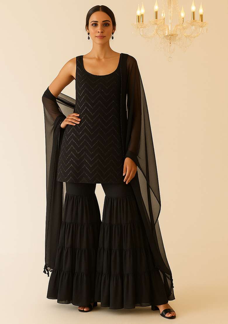 Black Embroidered Net Sharara Set - Indya