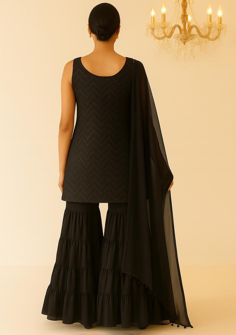 Black Embroidered Net Sharara Set - Indya