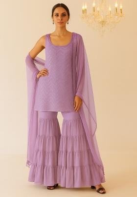 Purple Embroidered Net Sharara Set