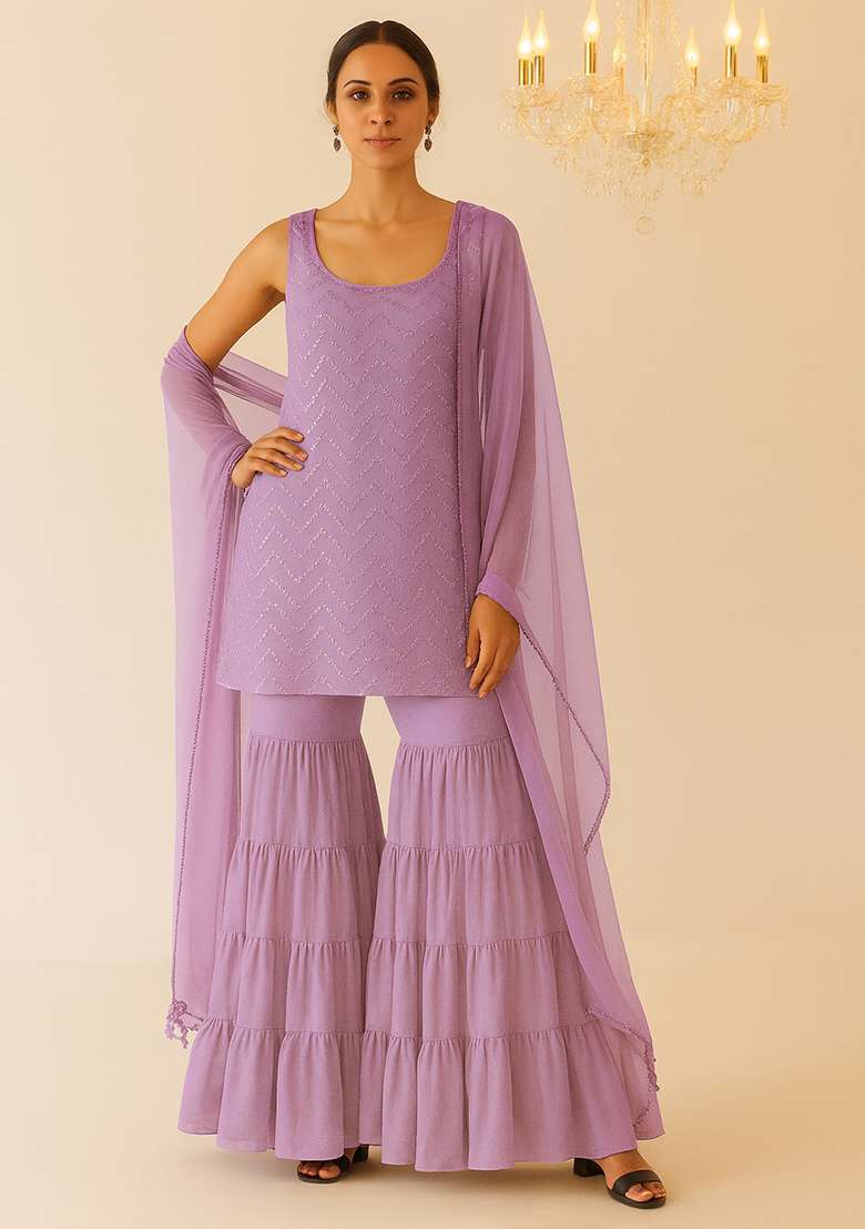 Purple Embroidered Net Sharara Set - Indya