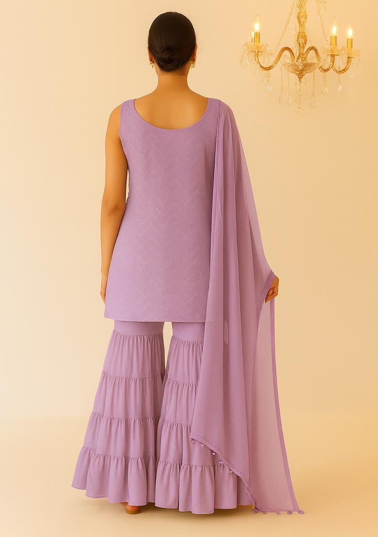 Purple Embroidered Net Sharara Set - Indya