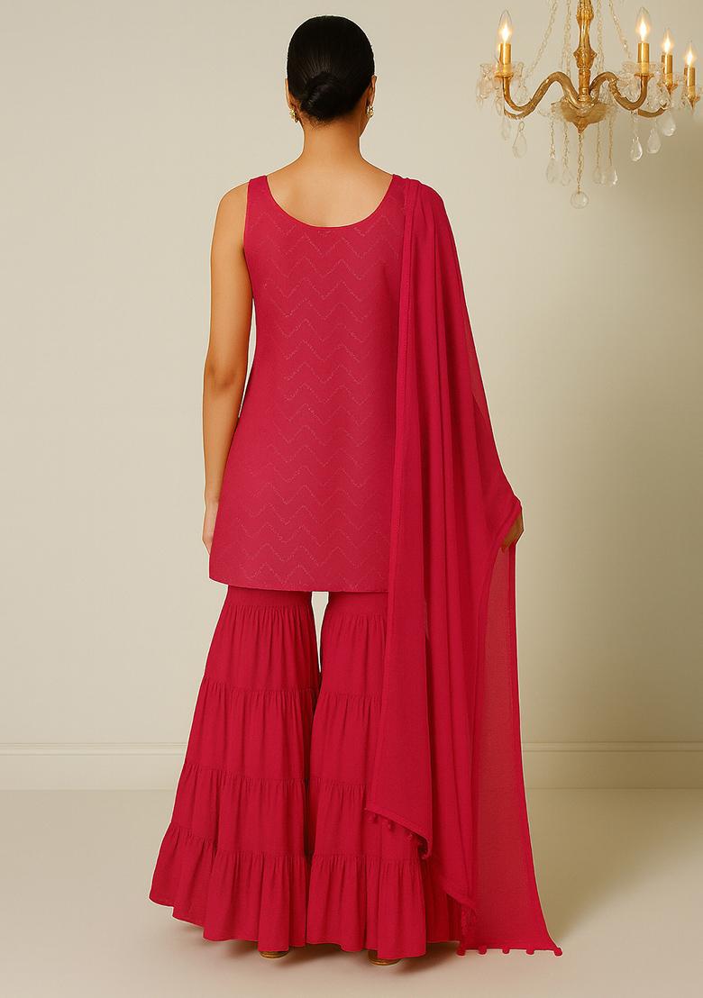 Red Embroidered Net Sharara Set