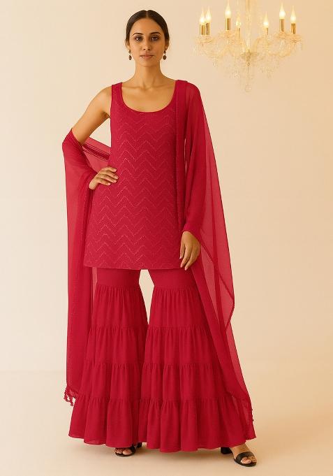 Red Embroidered Net Sharara Set