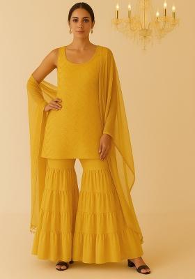 Yellow Embroidered Net Sharara Set
