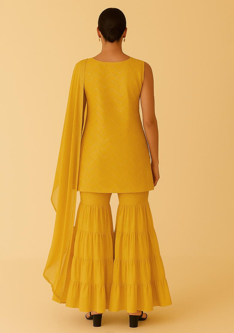 Yellow Embroidered Net Sharara Set - Indya