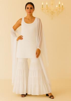 White Embroidered Net Sharara Set