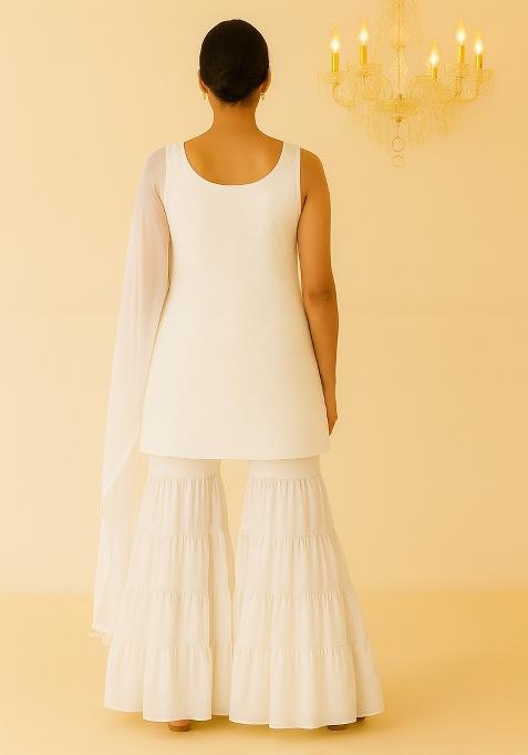 White Embroidered Net Sharara Set