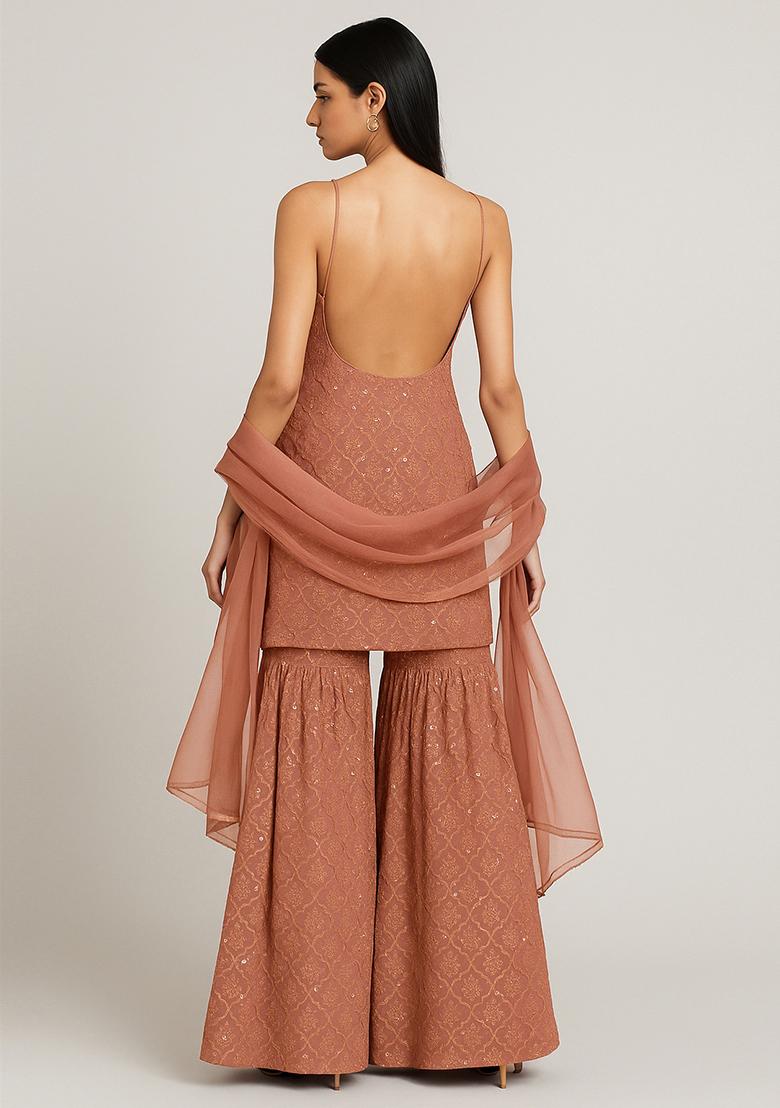 Maroon Embroidered Georgette Sharara Set - Indya