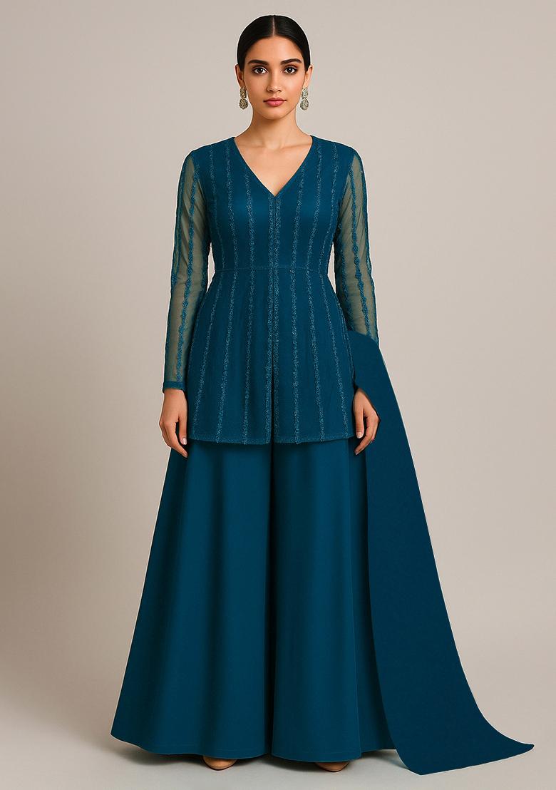 Rama Green Embroidered Net Sharara Set - Indya