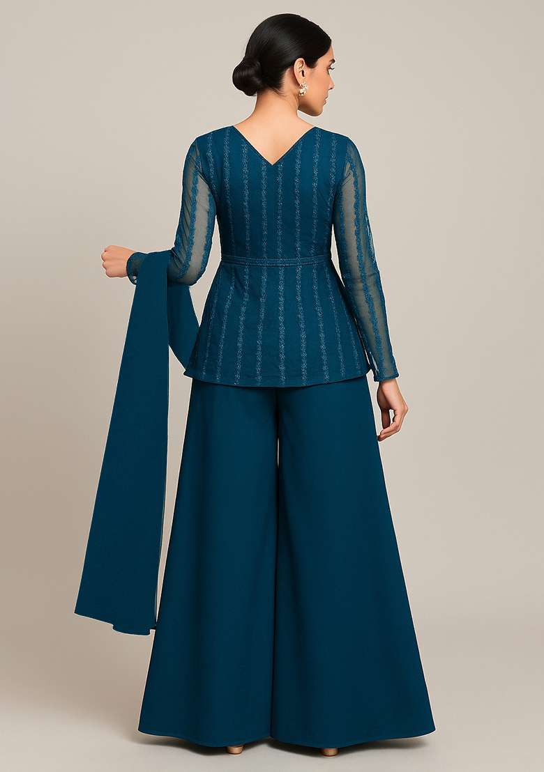 Rama Green Embroidered Net Sharara Set - Indya