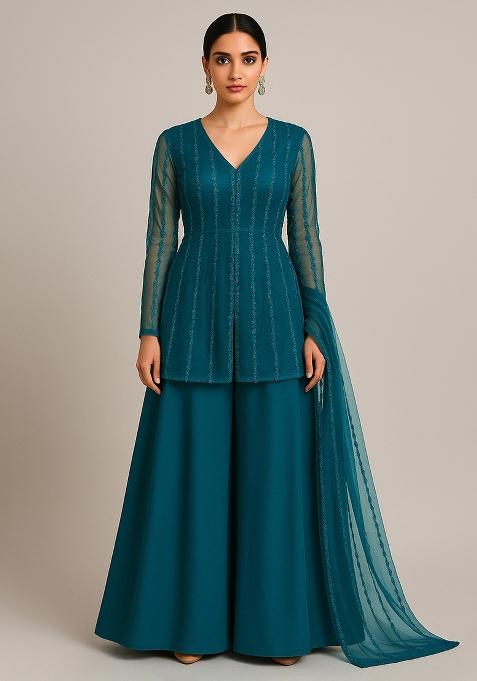 Rama Green Embroidered Net Sharara Set