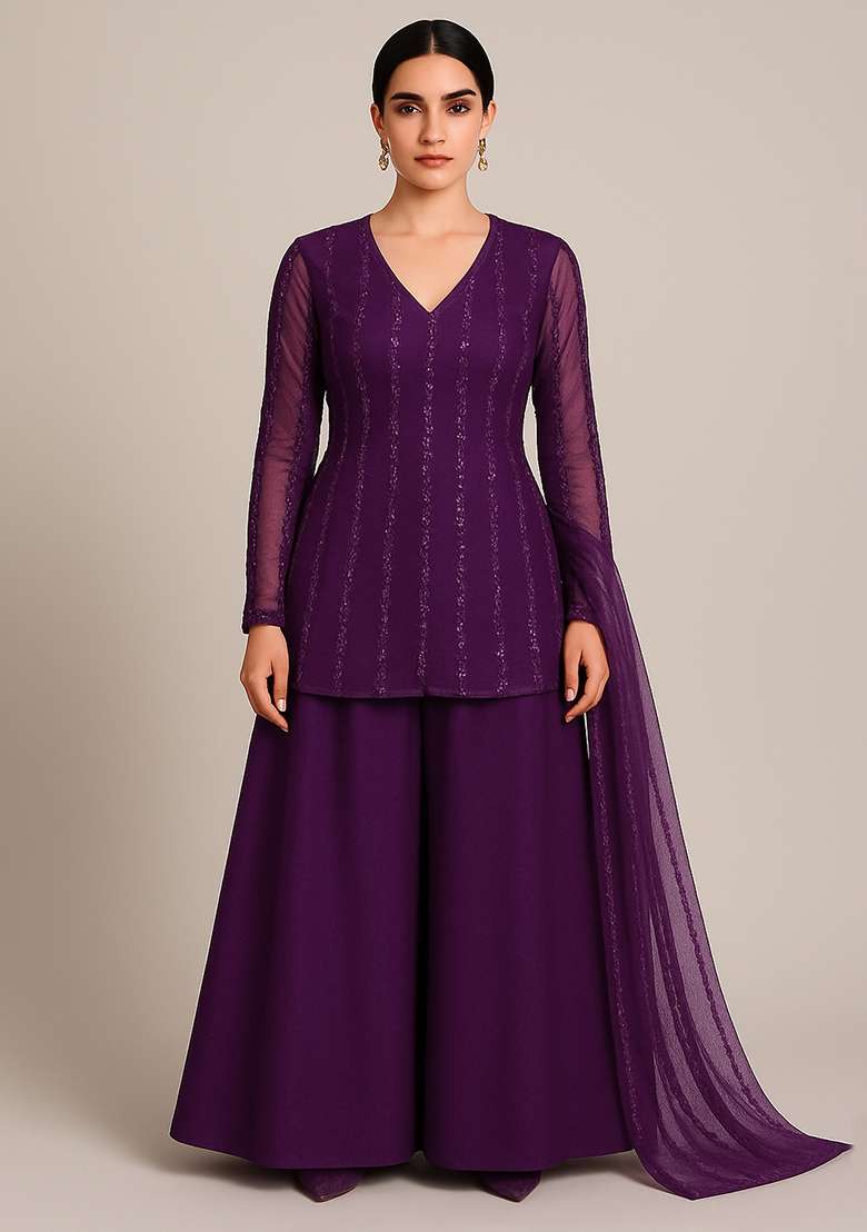 Purple Embroidered Net Sharara Set - Indya