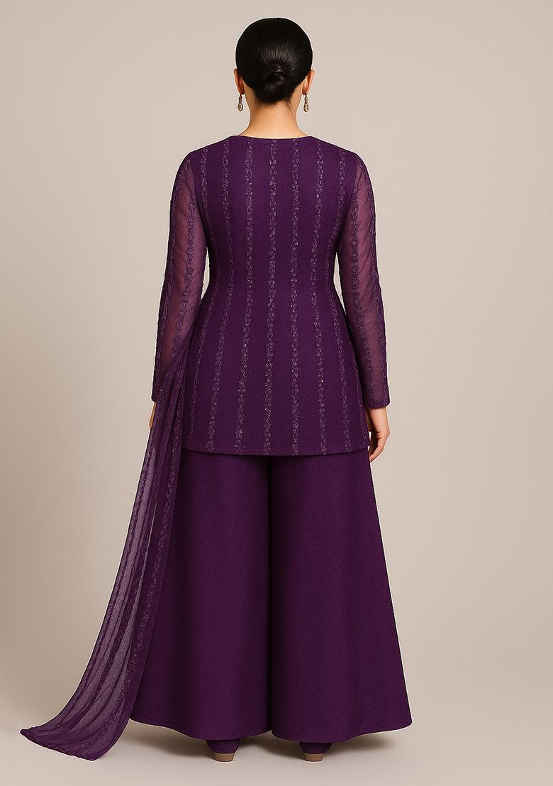 Purple Embroidered Net Sharara Set - Indya