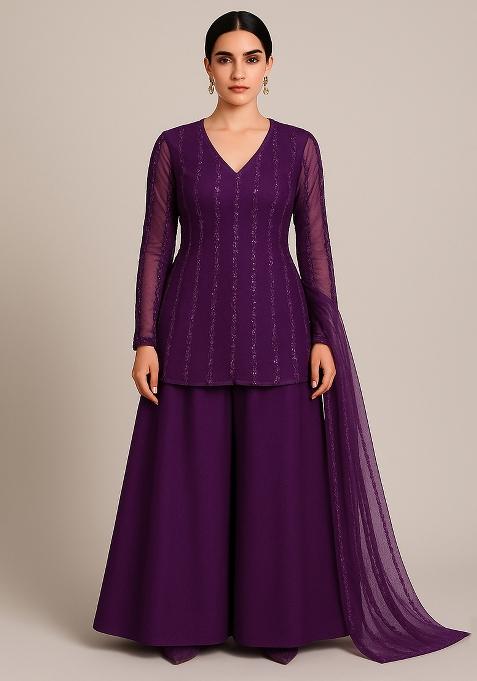 Purple Embroidered Net Sharara Set