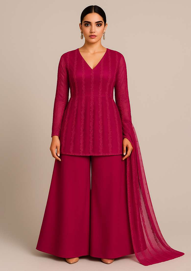 Cherry Red Embroidered Net Sharara Set - Indya