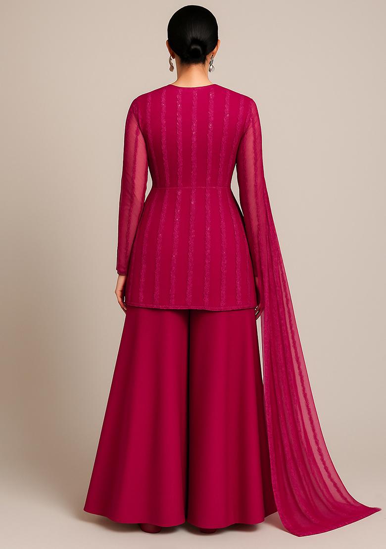 Cherry Red Embroidered Net Sharara Set - Indya