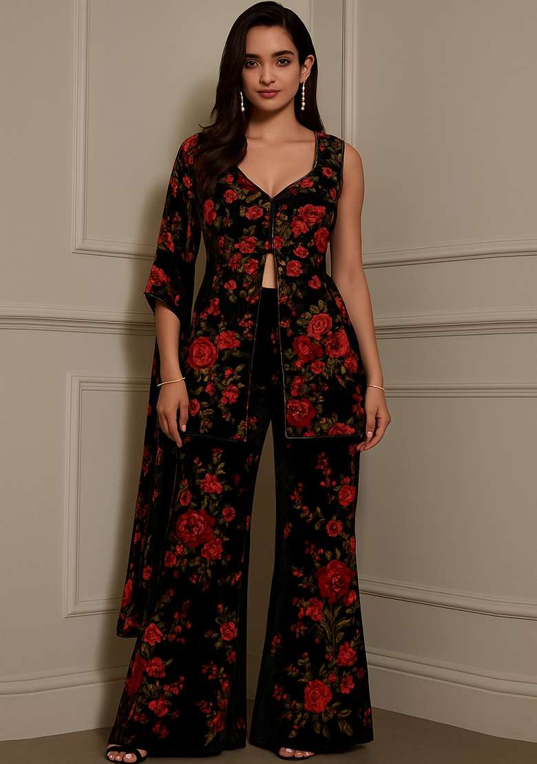 Black Floral Print Georgette Co Ord Set - Indya