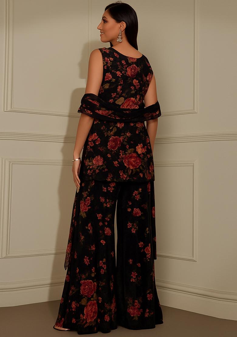 Black Embroidered Georgette Kurta Set - Indya