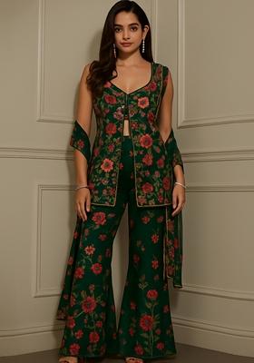 Green Embroidered Georgette Kurta Set