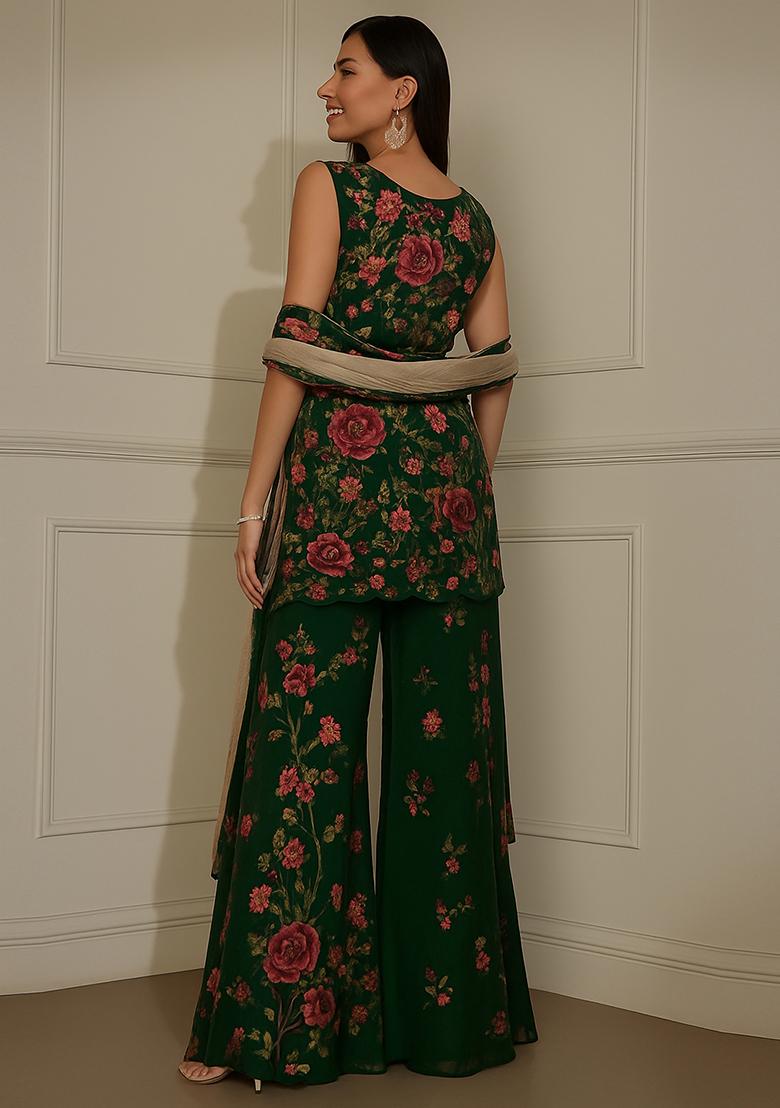 Green Embroidered Georgette Kurta Set - Indya